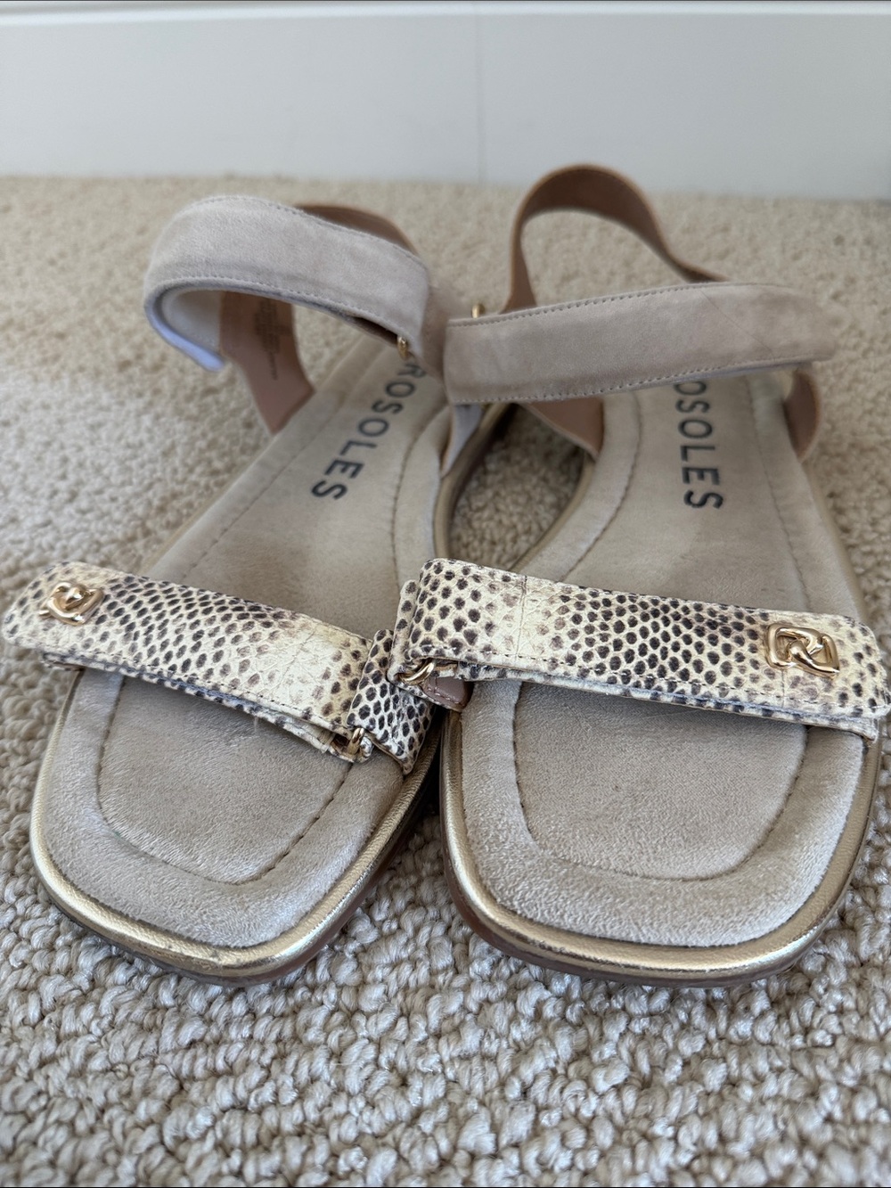 AEROSOLES Taupe Suede Sandals with Snake-Print Strap and Gold Accent